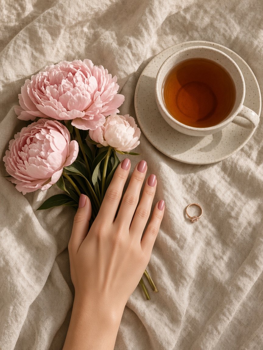 Mão com unhas rosé segurando peônias